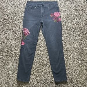Jordache Dark Gray Skinny Jeans with Pink Floral Embroidery size 6